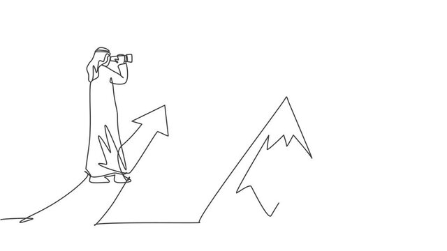 Animated self drawing of continuous one line draw young Arab businessman looking flag at top mountain as business goal target. Business vision minimalist concept. Full length single line animation.