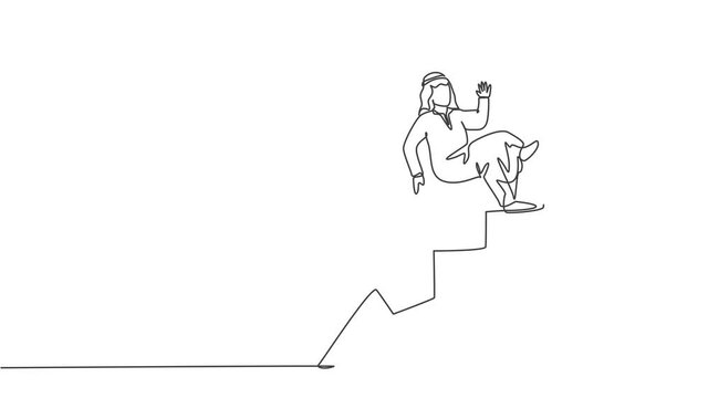 Self drawing animation of single one line draw young Arabic businessman falling from stairs down to bankruptcy. Failure business strategy minimal concept. Continuous line draw. Full length animated.