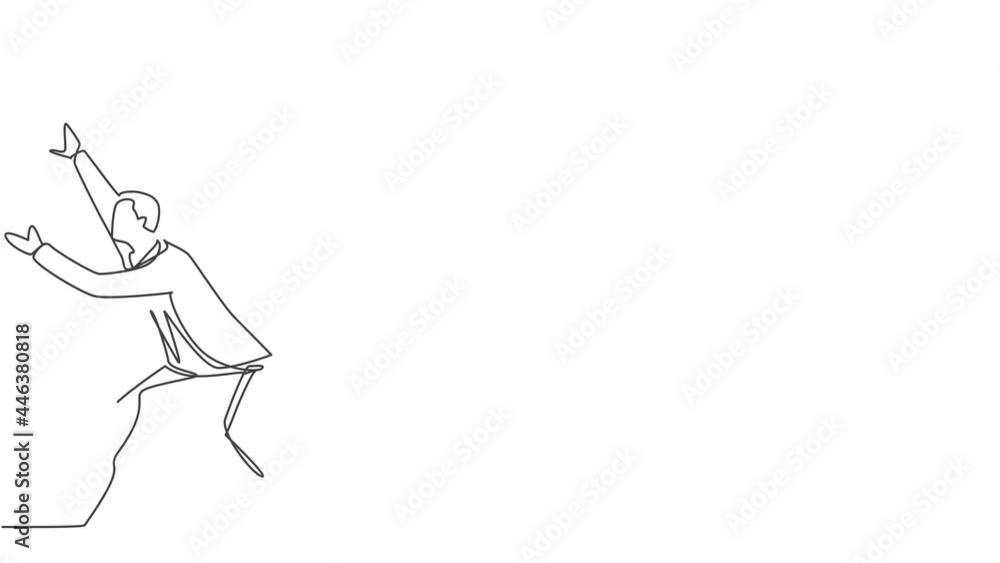 Poster self drawing animation of single one line draw young smart business manager withstand challenges. bu