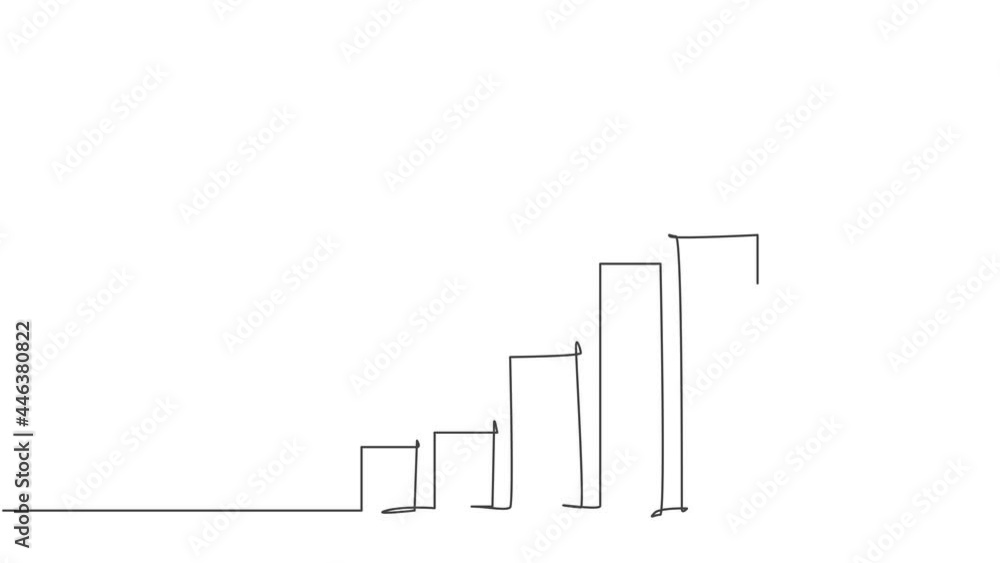 Poster self drawing animation of single one line draw increasing up arrows bar graph sign. business financi