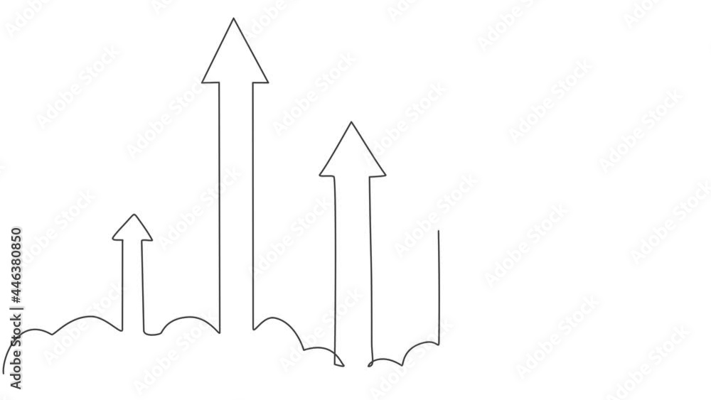 Poster animated self drawing of continuous one line draw fly rising arrows up sign on cloud through the sky