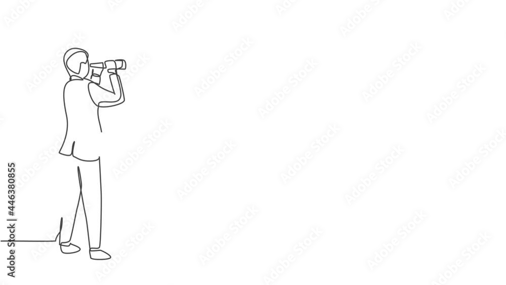 Poster self drawing animation of single one line drawing of young smart business man looking target opportu