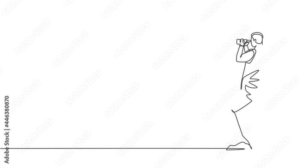 Poster animated self drawing of continuous one line draw young businessman looking target goal with binocul