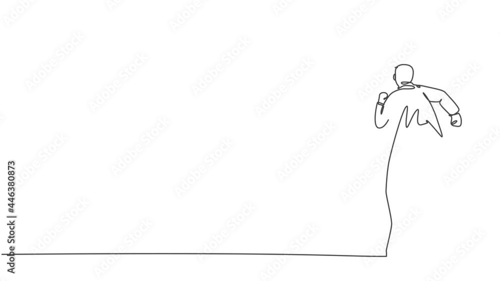Poster animated self drawing of continuous one line draw young business man running fast to chase goal targ
