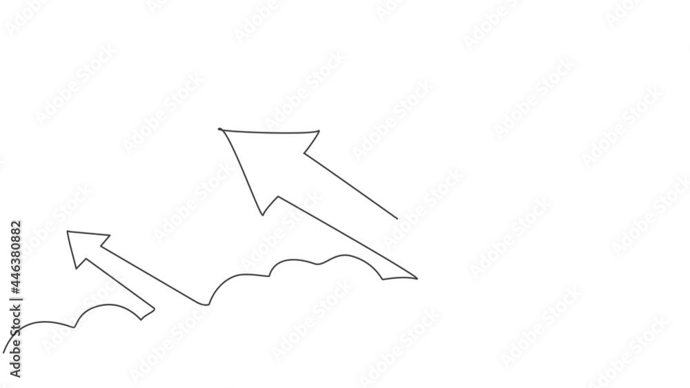 Poster animated self drawing of continuous one line draw rising up arrows sign through the cloud on the sky