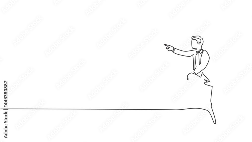 Poster animated self drawing of single continuous line draw young business man pointing finger forward whil