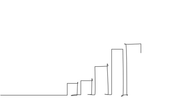 Self drawing animation of single one line draw increasing up arrows bar graph sign. Business financial sales market growth performance minimal concept. Continuous line draw. Full length animated.