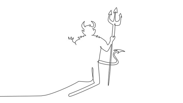 Self drawing animation of single one line draw devil shadow on the rising up arrow sign light. Bad horror demon character minimal concept. Continuous line draw. Full length animated illustration.