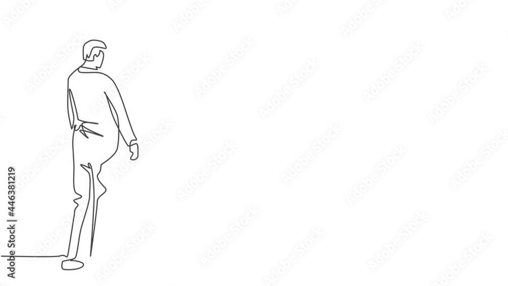 Poster self drawing animation of single continuous line draw young businessman looking goal target from rea