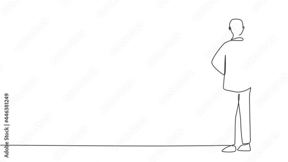 Aufkleber animated self drawing of continuous one line draw young businessman elegant standing back from rear 
