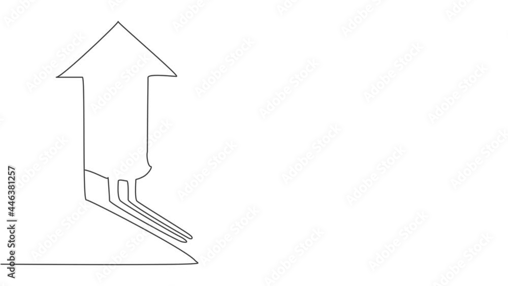 Poster self drawing animation of single one line draw young smart business man shadow with up arrow light. 