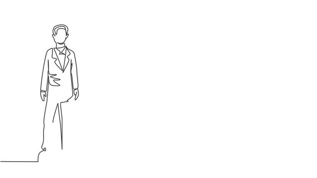 Animated self drawing of continuous one line draw young smart businessman standing on office suit. Success business manager company minimalist concept. Full length single line animation illustration.