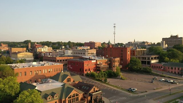 Aerial view of downtown of city of Marquette, Michigan state. Establishing shot of a small American city. Midwestern architecture, buildings exterior