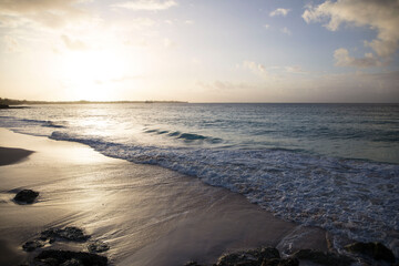 Summer on Barbados Island. Exotic vacations. Palm trees. Turquoise water. Sunny blue sky. Beautiful white-sand beach.
