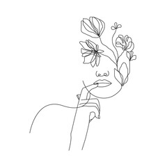 Floral Woman Face Line Art Drawing. Female Face with Flowers One Line Drawing. Female Head Vector Illustration Minimalistic Style for Modern Design: Prints, Wall Art, Posters, Social Media.