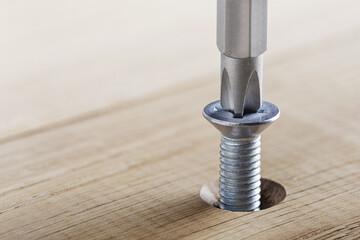 Screwdriver screw bolt in wooden oak plank. Spanner, bolt, screw and nuts.