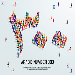 large group of people form to create the number 300 or Three Hundred in Arabic. People font or Number. Vector illustration of Arabic number 300.