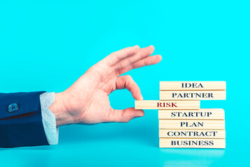 Business concept. The businessman's hand holds a block with the inscription risk and removes it...