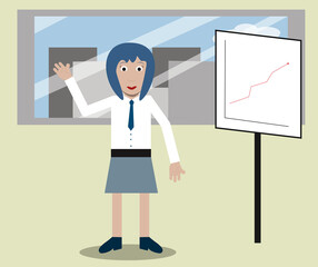 Business woman in front of a window explaining on a whiteboard. Meeting. Vector. Modern and flat style.