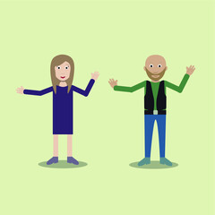 Bald man in vest and woman with separate body elements. Vector. Modern and flat style.