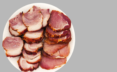 Smoked bacon and chopped ham slices, ready to eat