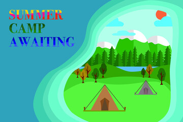 Naklejka premium Summer camp outdoor activity vector. Poster of tent camp, mountain, river, campfire illustrator graphic. Relaxation lifestyle trip to forest. Nature illustration landscape , sun, sky scene. Recreation