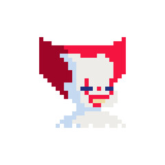 Spooky clown with red hair character. Avatar, portrait, profile picture. Pixel art. Flat style. Game assets. 8-bit. Isolated vector illustration.