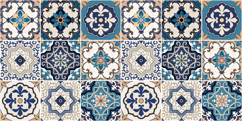 Mega Gorgeous seamless patchwork pattern from colorful Moroccan, Portuguese tiles, Azulejo, ornaments, Can be used for wallpaper, pattern fills, web page background, surface textures. - obrazy, fototapety, plakaty