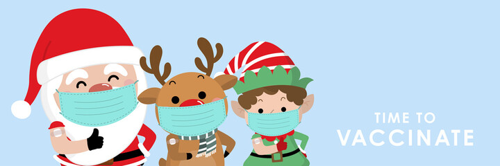 Time to vaccinate corona virus (COVID-19) vaccine with cute Santa Claus, elf and deer. Holidays cartoon character. -vector - obrazy, fototapety, plakaty