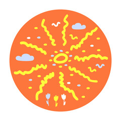 The sun is stylized. Birds, clouds, flowers. Orange background. Flat vector illustration.