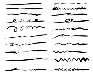 Hand drawn set of underline, curly swishes, swashes, swoops. swirl, signature. Highlight text elements. doodle vector illustration