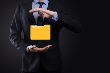 Businessman hold folder icon.Document Management System or DMS setup by IT consultant with modern...