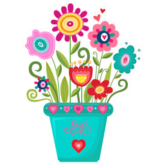 Vector illustration bright fantastic flowers in a pot with love. Home plants with heart. Decor for home. Valentine's Day.