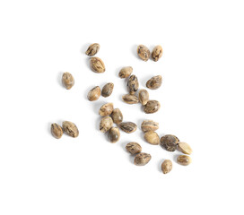 Hemp seeds on white background, top view