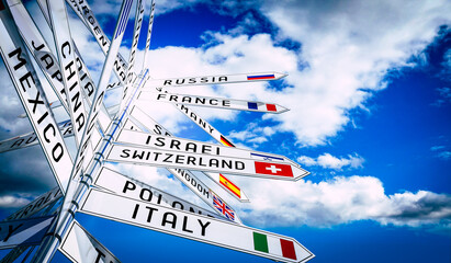 Signpost with national flags of different countries, sky in background - 3D illustration