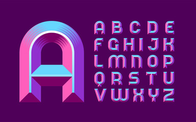 Vintage vector font set with gradient lines bevel effect