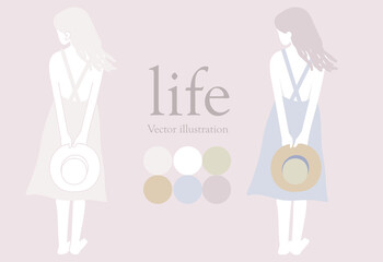 Have a lifestyle attitude vector wearing a hat wearing a skirt independent relaxing romantic life girl woman vector template holiday vacation travel back view of girl magazine material