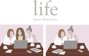fashionable women team sitting in a cafe or at home with a laptop. Drink, laptop, mobile phone, tablet work flat vector illustration. Remote or conference lifestyle