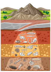 Scene with various animals bones and dinosaurs fossils in soil layers © blueringmedia