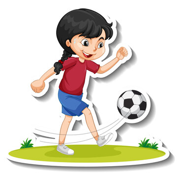 Cartoon character sticker with a girl playing football