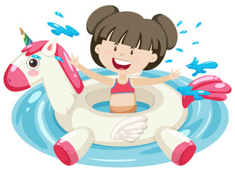 Cute girl with unicorn swimming ring in the water isolated