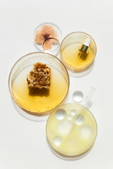 Abstract cosmetic laboratory. Chemical laboratory research. Nature cosmetics with honey.