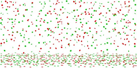 Green and red confetti rain on white background
