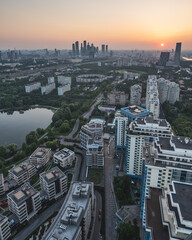 View of the Central and business part of Moscow from the height of the flight at dawn