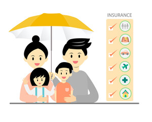  Parents and children having insurance policy. Man opening umbrella to protect his family from danger. Risk management. Insurance checklist