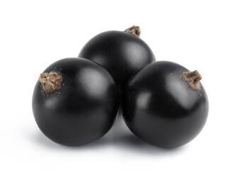 Ripe black currant isolated on white background. Fresh juicy berries.