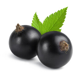 Ripe black currant isolated on white background. Fresh juicy berries.