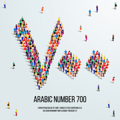 large group of people form to create the number 700 or Seven Hundred in Arabic. People font or Number. Vector illustration of Arabic number 700.