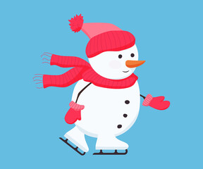 Snowman in red hat, scarf and gloves.