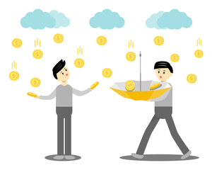 2 men receiving golden coin falling from the sky. the other holding umbrella upside down to get coins.
